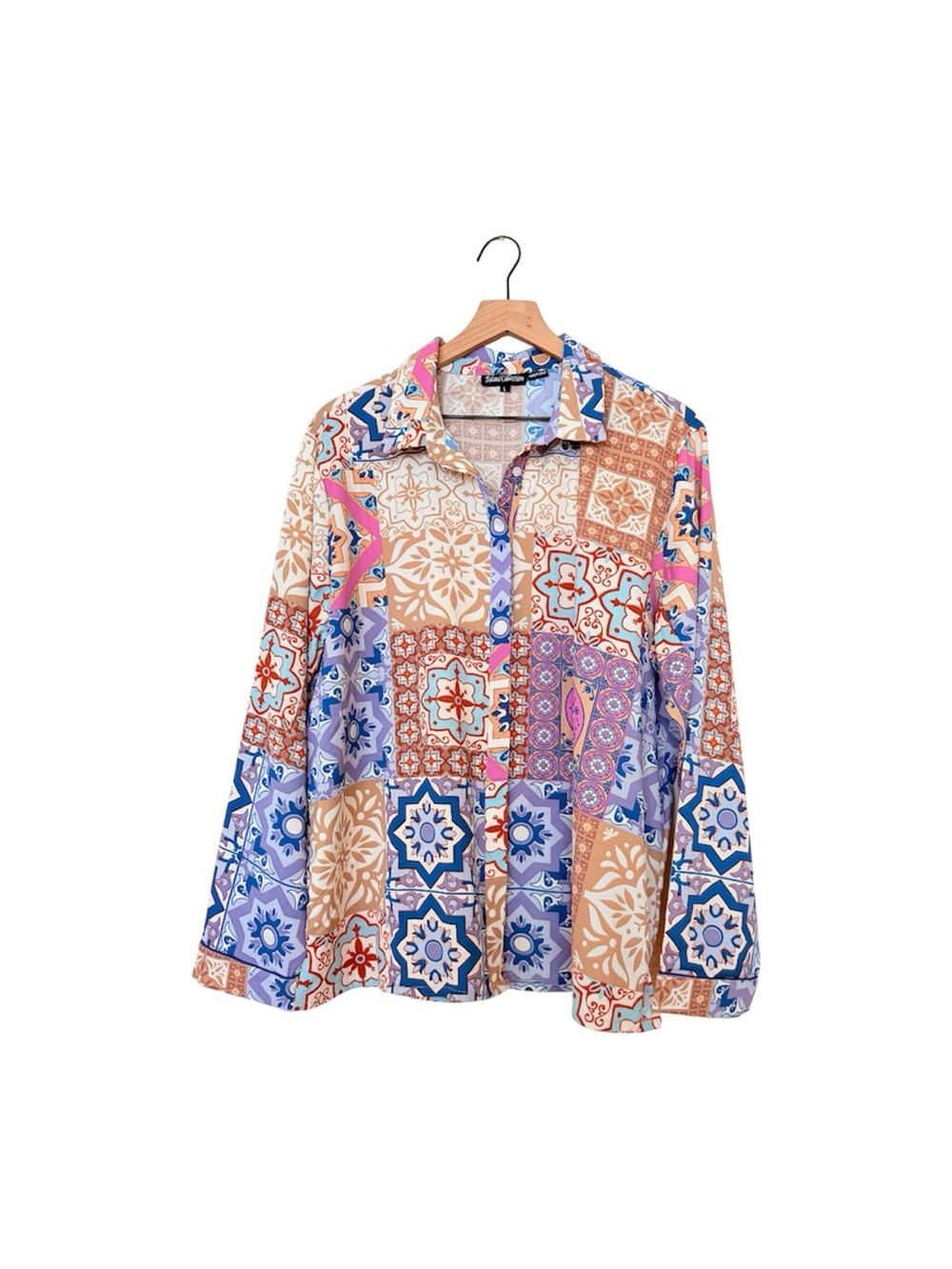 Tolani Multiple Colors Patchwork Print Button Down  Relaxed Fit Pajamas Top Larg